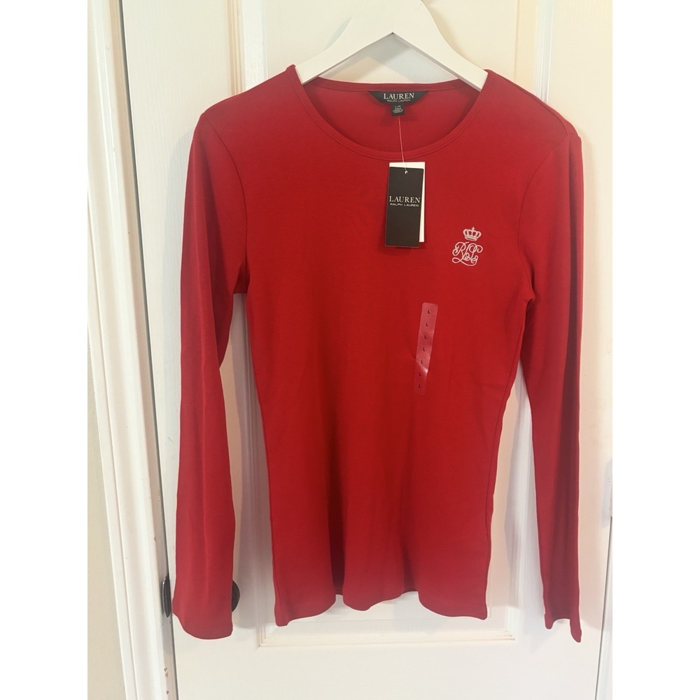 Lauren Ralph Lauren NWT Red Monogram Crown Crest Long Sleeve Shirt L 100% Cotton